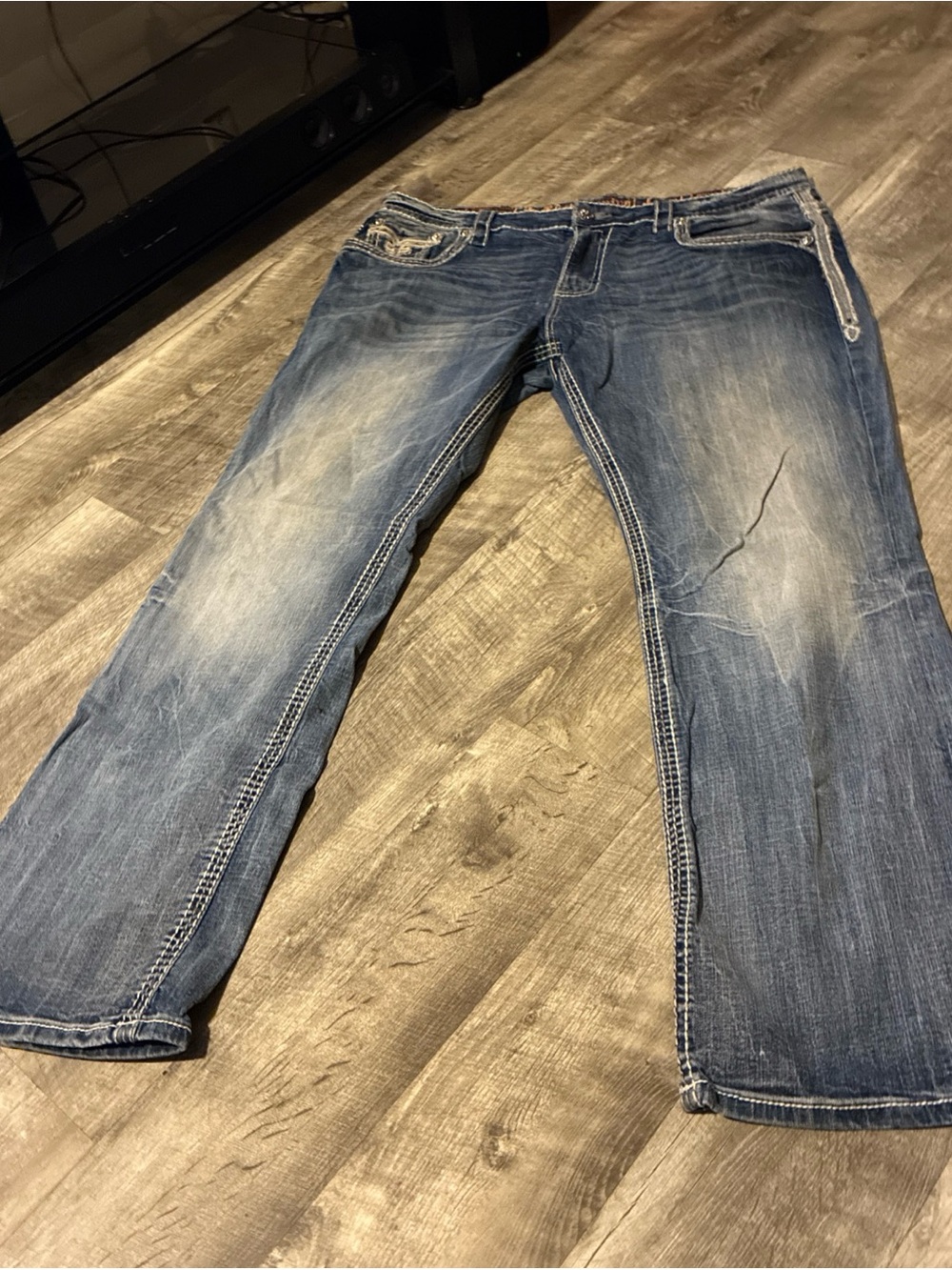 Vintage Rock Revival Jeans Men’s Blue Cotton Straight Distressed Flap SZ 42 - Picture 1 of 16